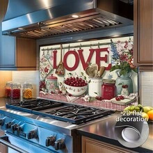 1-Piece 2D Flat Decorative Wall Sticker For The Kitchen, Featuring Designs With Themes Of Love, Cherries, And Flowers. Suitable For Decorating Dining Room Walls, Home Interiors, And Living Rooms. Includes One Piece Of Kitchen Decoration And Accessories. - Multicolor - View 6