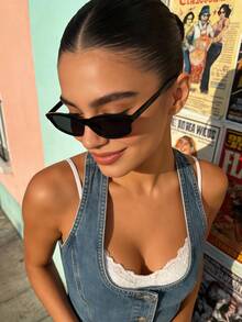 1副男女通用窄椭圆猫眼小框Y2K复古街头极简时尚眼镜，适合度假佩戴 - 黑框全灰片 - 查看 6