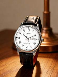 Men's Quartz Watch, Genuine Leather Strap, White Roman Numeral Dial, Date Display, Three-Hand Analog Wrist Watch, Suitable For Daily, Casual And Other Occasions MTP-V006L-7B - White - View 1