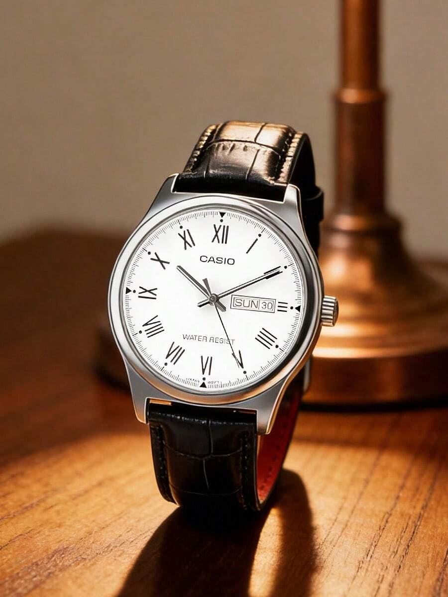 Men's Quartz Watch, Genuine Leather Strap, White Roman Numeral Dial, Date Display, Three-Hand Analog Wrist Watch, Suitable For Daily, Casual And Other Occasions MTP-V006L-7B - White - View 1