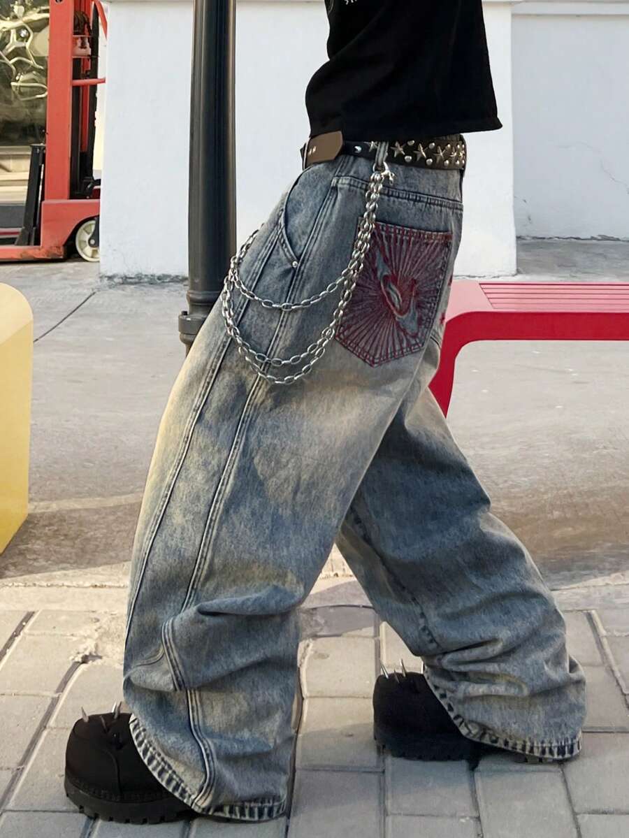 Hearty Haven 1件装复古男士街头时尚拼接刺绣阔腿裤，宽松休闲舒适做旧雪洗牛仔裤，四季皆宜（不含腰带和配饰） - 藍色 - 查看 1