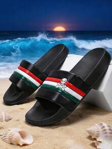 青少年、校园学生户外休闲拖鞋、室内家居拖鞋、户外沙滩拖鞋、人字拖、套脚凉鞋，柔软舒适（骷髅图案）