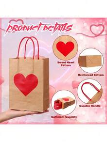 1/6/12/20pcs Valentine's Day Gift Bags With Handles, Kraft Paper Heart Shape Pattern, Valentine's Day Small Gifts, Wedding Favor Packaging, Party Supplies - Multicolor - View 6