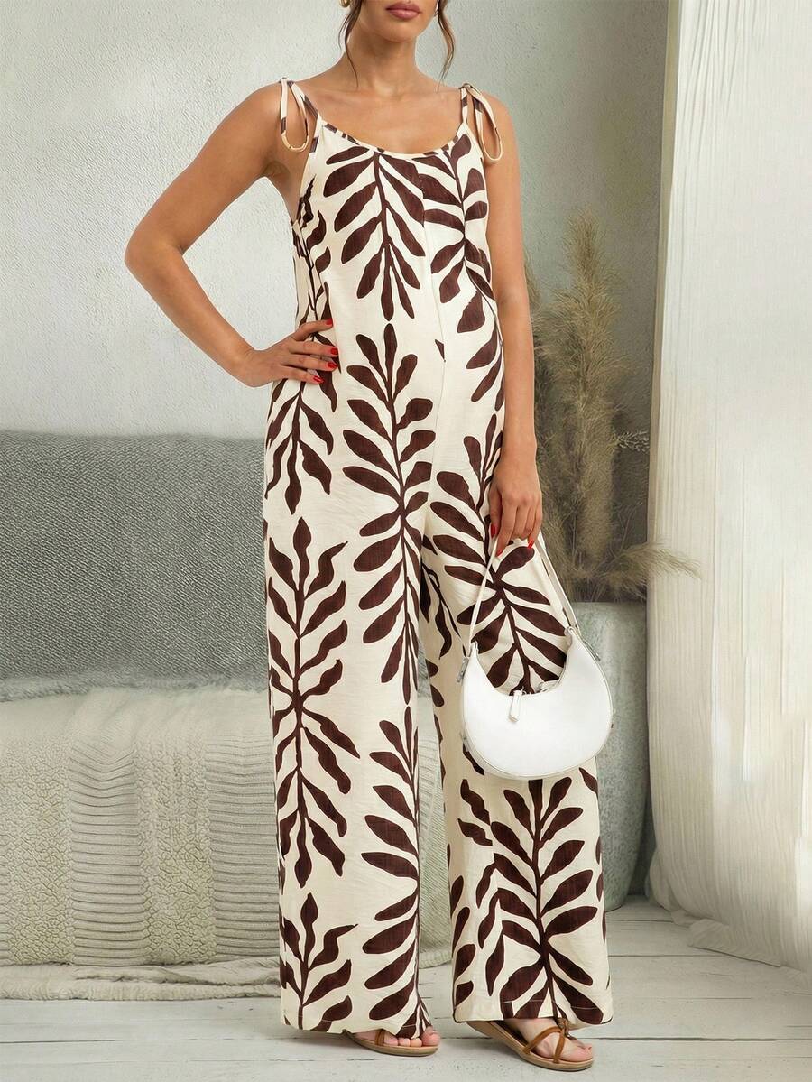 Maternity Tropical Plant Print Wide Leg Jumpsuit, Suitable For Vacation And Summer Wear (YY1159) - Brown - View 1