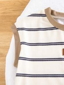 2pcs/Set Boys' Casual Striped Splice Collar Sleeveless Top And Solid Color Pocket Drawstring Shorts, Spring/Summer - Khaki - View 5