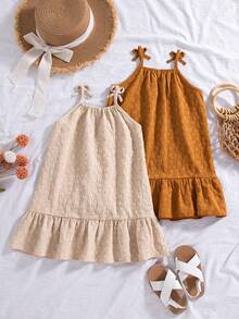 2pcs/Set Girls Casual Solid Color Sleeveless Bow Decor Knee-Length Dress, Fashionable Everyday Wear, Spring/Summer - Multicolor - View 2