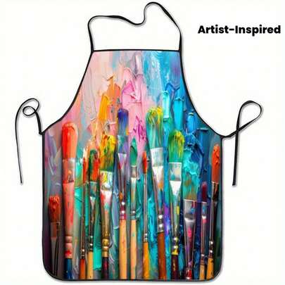 1pc  Energetic Colorful Paintbrushes And Paints Printed Apron, A Fashionable Home Kitchen Workwear, Cooking Kitchen Apron, Household Cleaning Apron, Suitable For Cooking, Baking, House Cleaning, Gardening, Household Workwear