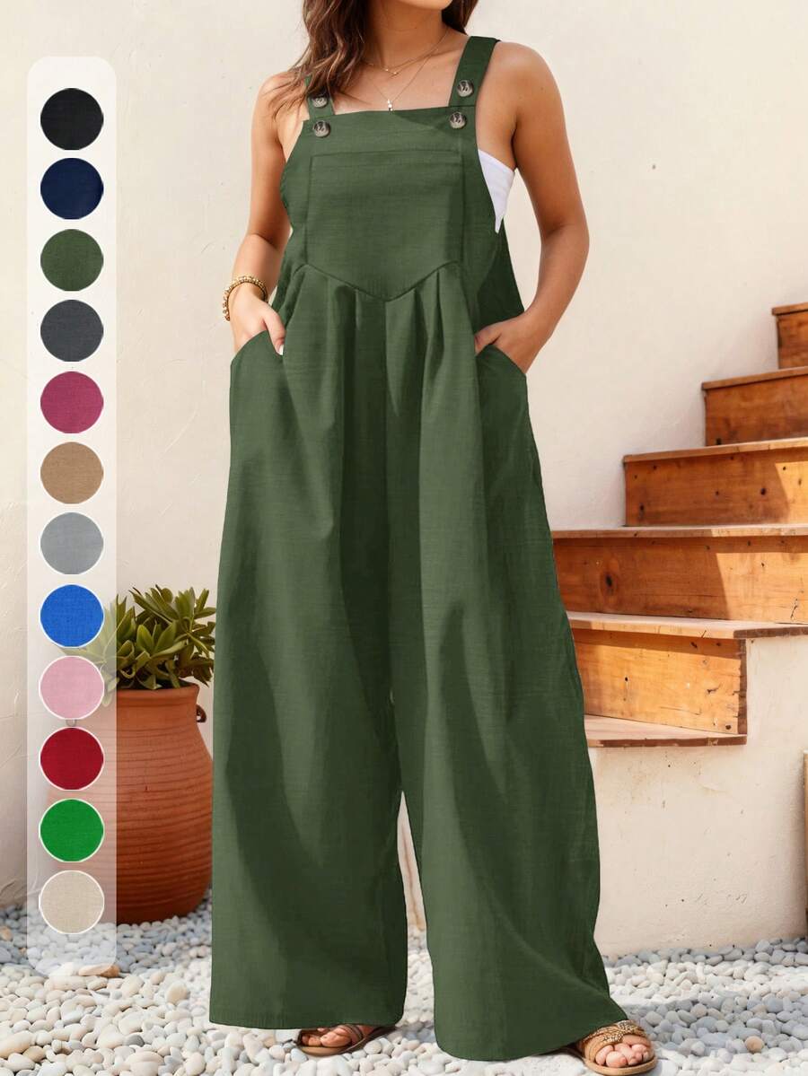 Bộ jumpsuit nữ cỡ lớn dáng rộng xếp ly, màu trơn, có túi, thích hợp cho mùa xuân/hè. - xanh quân đội - Xem 1