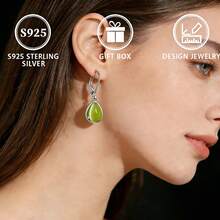 1 Par de Brincos Pendentes de Ágata Verde Sintética Simples em Gota d'Água de Prata Esterlina 925 para Mulheres - Prata - Visão 2