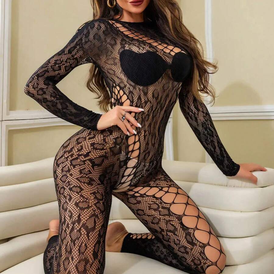 Leopard Body Suit Fishnet Bottom Shirt Women Hollowed Out One-Piece Pants Plus Size Lingerie Body Stockings Black Jumpsuit - 19號紅 - 查看 1