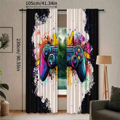 2 buc Perdele transparente cu imprimeu digital de înaltă definiție, model de controler de jocuri video, material poliester rezistent la decolorare, lavabile manual, potrivite pentru decorarea dormitorului și a camerei de zi
