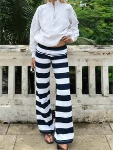 Striped Long Pants For Women Fold Over Low Rise Straight Leg Sweatpants Y2k Stretchy Loose Wide Leg Pants Lounge Leggings - Màu xanh đậm - Xem 4
