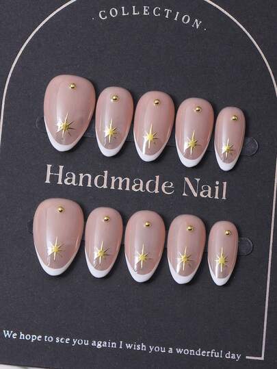 Set de 10 pegatinas de uñas en forma de almendra corta, estilo europeo y americano, en un tono coral rosa de estilo Y2K, con diseño de estrella octagonal hecho a mano en 3D y cuentas de acero pintadas a mano. Incluye 1 pieza de gel de gelatina y 1 lima de uñas. Perfecto para uso diario y para disfraces en el festival de música de Coachella, uñas postizas y productos para el cuidado de las uñas.