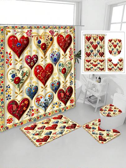 1/4 件套波西米亚风心形花卉装饰浴室窗帘套装（包含心形和花卉图案），可水洗农舍风格浴室窗帘，附赠 12 件套防滑地垫和 U 型马桶座套