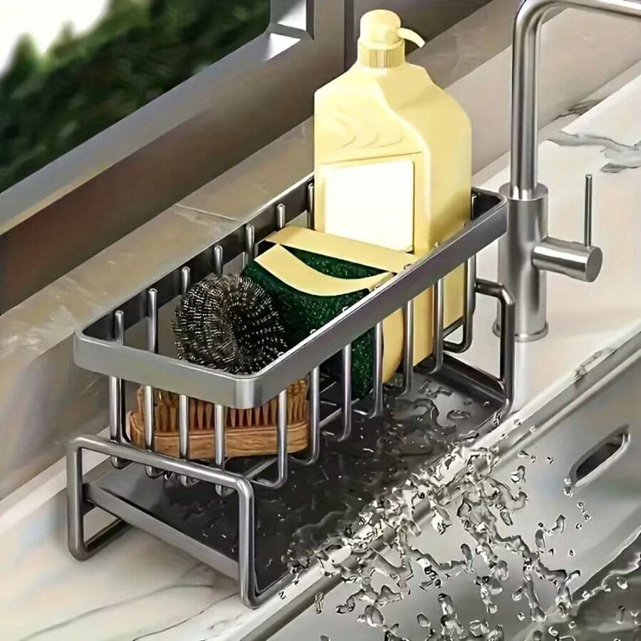 1pc Multi-Functional Kitchen ABS Material  Storage Rack Kitchen Sink Faucet Sponge Drain Basket Kitchen Shelf Sink Rags Draining Rack Detergent Steel Wire Ball Storage Rack,  Can Hang Cleaning Cloth Can Store Cleaning Tools, Kitchen Accessories - Grey - View 1