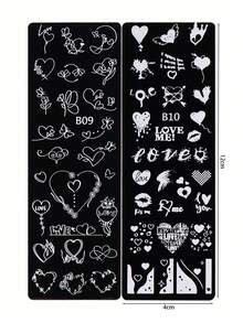 2pcs Heart Flower Nail Art Stamping Plate, Heart Love Letter Valentine's Day Design Y2K Style Printing Template Nail Art Accessories Tools, DIY Manicure Salon, Nail Supplies - Silver - View 7