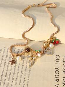 1件豹纹星星吊坠珍珠项链、豹纹樱桃项链、红色樱桃星星手链、经典心形领结项链、时尚领结项链 - 金色 - 查看 6