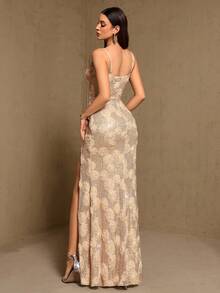 Spaghetti Strap 3D Floral Sequin High Slit Formal Gown, Suitable For Wedding Guest, Graduation Ceremony, Formal Dinner - 玫瑰金 - 查看 2