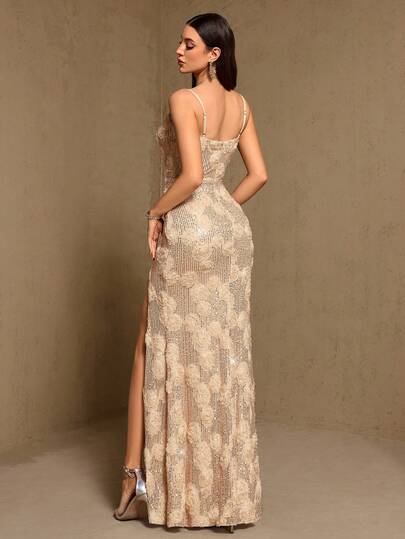 Spaghetti Strap 3D Floral Sequin High Slit Formal Gown, Suitable For Wedding Guest, Graduation Ceremony, Formal Dinner