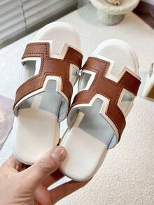 Genuine Leather H-Strap Platform Slides​ - Two-Tone Brown & White - Brown - View 4
