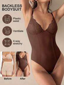 1pc Seamless Lace Deep V-Neck Shaping Bra, Effective Body Shaper Suitable For Weddings And Parties - Brown - View 5