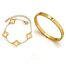 2pcs/Set Minimalist Stainless Steel Hollow Four-Leaf Clover Bracelet & Bangle, Versatile For Women To Wear At Parties, Daily Fashion, Commuting Or As Holiday Gifts - Yellow Gold - View 8