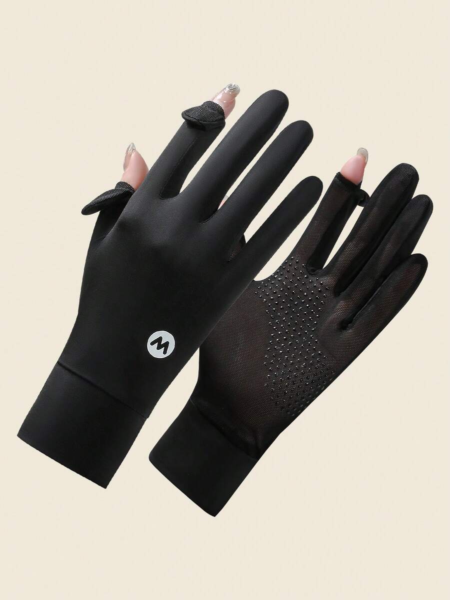 1 双硅胶点防滑露指手套，带翻盖，透气冰爽光滑质地，时尚优质户外旅行驾驶手套 - 黑色 - 查看 1