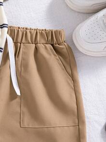 2pcs/Set Boys' Casual Striped Splice Collar Sleeveless Top And Solid Color Pocket Drawstring Shorts, Spring/Summer - Khaki - View 9