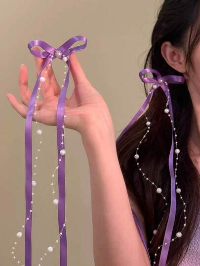 2pcs Ladies' Hair Claw Clip With Ribbon Bow And Pearls, Made Of High-Quality Materials With An Elegant Feel. Can Be Used As A Hair Claw Clip, Small Hair Clip For Bangs, Side Clip, Or Hair Clip. Sweet, Stylish, Graceful, Elegant, And High-End. Hair Accessory Suitable For Daily Use, Festive Gatherings, Parties, Vacations, And Trips. A Perfect Gift Of Hair Accessories And Headwear For Girls.