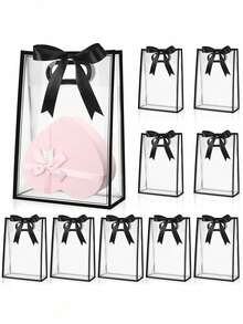 1pc/5pcs/10pcs Transparent Plastic Gift Bags, Bridesmaid Welcome Gift Bags, Thank You Gift Bags, Christmas Thanksgiving Party Wedding Bride Favor Bags (Black/Pink/White), Waterproof Gift Bags, With Ribbons, Bridesmaid Ladies Gift Bags - Multicolor - View 12