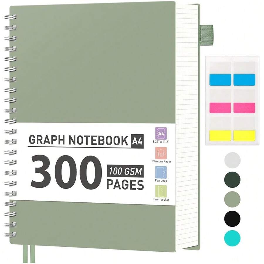 Graph Paper Notebook, 300 Pages Spiral Notebook 8.5\ X 11\, A4 Large Grid Paper Notebook, 100gsm Thick Paper, Plastic Hardcover Journals For Schoolsss Engineering Math, Sage Green - SageGreen - View 1