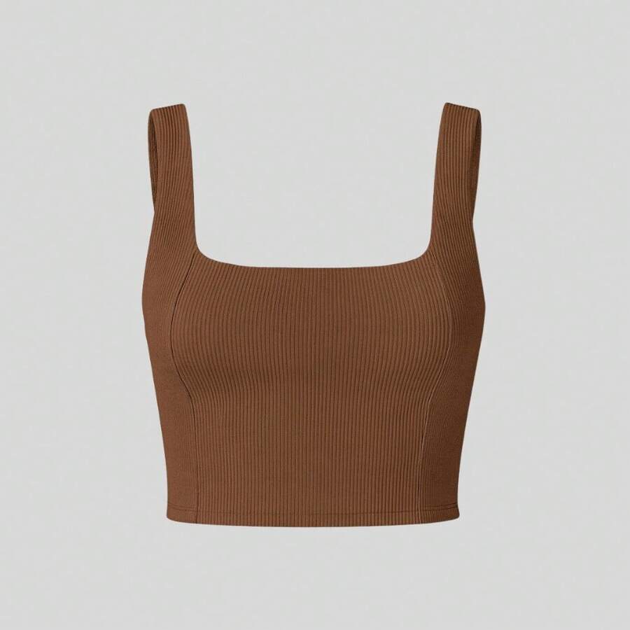 Women's Ribbed Knit Top For Gym, Double Layer Fabric, Zero Transparency | Comfort And Style For Fitness - Rỉ Nâu - Xem 1