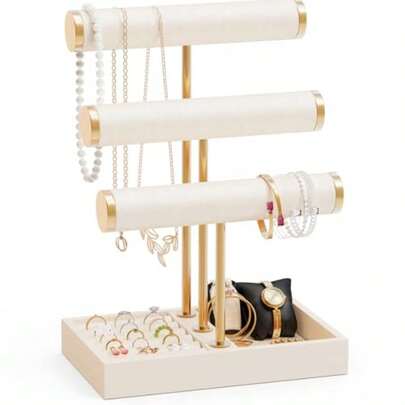 Organizador de joyas de 3 niveles, soporte para exhibir collares, pulseras y anillos, organizador de joyas para collares, relojes y anillos, regalo beige