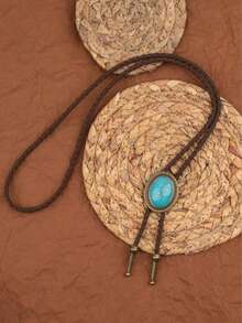 1件独特的波洛领带编织长项链，配椭圆形绿松石吊坠，可调节 - 薄荷藍 - 查看 5