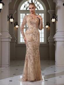 V领亮片刺绣长袖优雅性感鱼尾晚礼服 - 杏色 - 查看 5