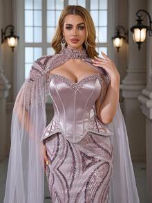 Elisanya 缎面珠饰亮片刺绣蕾丝优雅性感露肩鱼尾鸡尾酒礼服，适合鸡尾酒会、聚会、晚宴等场合。 - 藕粉色 - 查看 4