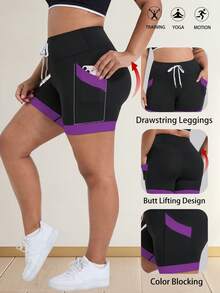 Damen Shorts in Große Größen, 5 Zoll hoher Bund mit Bauchkontrolle, Radlerhosen, Workout Tight Shorts, Yoga Shorts mit hoher Taille, Farbblockdesign, mit Taschen, geeignet für Sport, Laufen, Fitness und verschiedene Anlässe, Schwarz Sommer - Schwarz - Übersicht 3