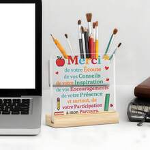 2D Acrylic Desk Plaque For French Teacher Appreciation - "Merci" Thank You Gift With Inspirational Quote, Colorful Heart Shape And School Icon - End Of School Year, Graduation Season, Teacher's Day Office Decor - Multicolor - View 4