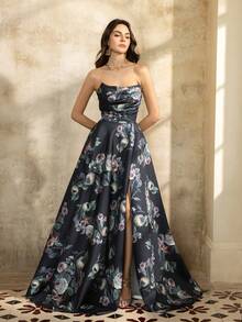 Faeriesty Elegant Strapless Floral Print Maxi Dress, High Slit Design, Backless Tie, A-Line Flowy Skirt, Suitable For Wedding Guest, Formal Photoshoot, Romantic Evening, Garden Party, And Bridal Shoot Vacation Spring Black - Black - View 10