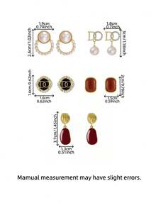 5对奢华时尚百搭红色几何耳环，复古精致水钻和仿珍珠耳环套装，适合女士日常和节日佩戴 - 五件套 - 查看 7