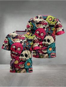 Colorful Zombie Skull 3D Digit Men'S Printed T-Shirt |   Bright Crew Neck And Short Sleeves, Slight Stretch Fabric, Ideal For Summer Outings And Casual Wear, Perfect Holiday Gift - Màu sắc hỗn hợp - Xem 4