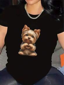 Damen Schwarzes Yorkshire Terrier Druck T-Shirt - Süßes Yorkshire Terrier Welpen Kurzarmoberteil, Leichter Stretch, Rundhalsausschnitt Lässiger Stil, Geeignet für Yorkshire Terrier Liebhaber, Maschinenwaschbare Haustierbesitzerbekleidung - Weiss - Übersicht 6