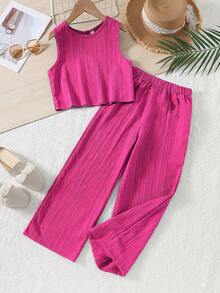 Tween-Mädchen Outfit mit ärmelloser Bluse + einfarbiger langer Hose, 2-teilig mit Rüschen, Lässig für Urlaub, Frühling/Sommer - Heißes Pink - Übersicht 1