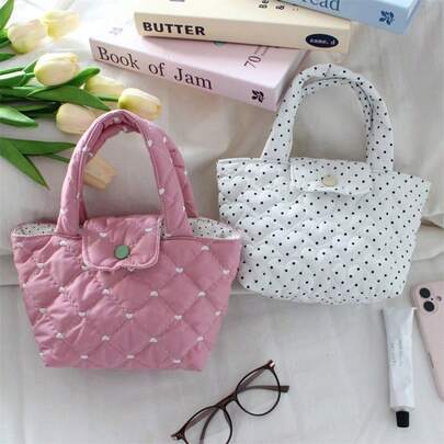 Cute Love Quilting Design Ladies Handbag Embroidered Heart Pattern Commuting Storage Bag Grid Pattern Shopping Handbag Soft Fabric Dinner Bag Mini Tote Bag Lunch Tote Bag Lunch Box Bag Women's Bento Pouch Food Bags Multi-Functional Storage Bag Suitable For Commuting Work, Office Worker, Travel Essentials School Supplies, Bridesmaid Gifts,Mom Gifts,Birthday Gifts,Gifts For Friends And Teacher,Valentine's Day Gift