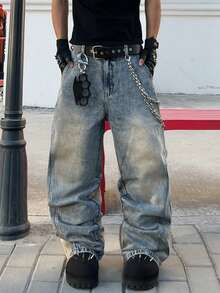 Hearty Haven 1件装复古男士街头时尚拼接刺绣阔腿裤，宽松休闲舒适做旧雪洗牛仔裤，四季皆宜（不含腰带和配饰） - 藍色 - 查看 5