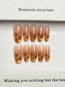 10pcs Handmade Nails Oval Nails Acrylic Press On Nails Medium, Minimalism Pink Nails Brown Gradient, Flashy Cateye, Simple Elegant Luxury Handcrafted Nails Autumn Nails, Fall Press On Nails, Cute Aesthetic, Versatile Nails DIY False Nail Art Party Daily & Dating Use Beach Tropical Getaway Suitable Reusable, For Women & Girls As Gift Nail Supplies - Pink - View 3