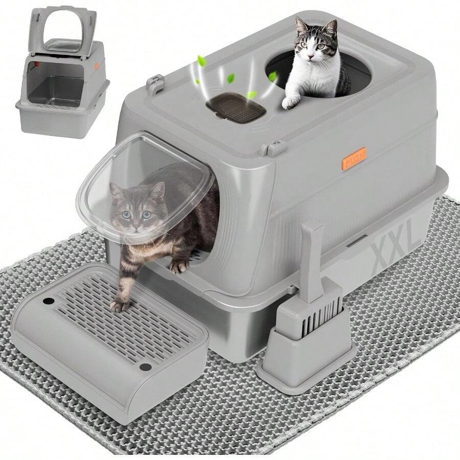 Citylife - Caja de arena para gatos de acero inoxidable con tapa entrada frontal y superior caja de arena de metal extragrande con cuchara y alfombrilla de doble capa antifugas antiadherente gris - Gris Claro - Ver 1