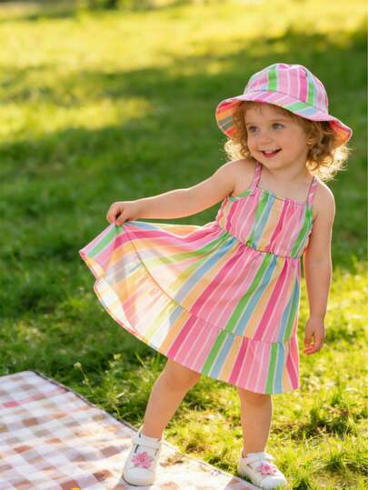 2pcs Girls Colorful Striped Camisole Dress Set - Cute Waist Cinched Dress + Sun Hat Outfit, Summer