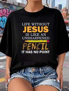 Camiseta de Fe Religiosa Cristiana Divertida Vida Sin Jesús 2026 nuevas camisetas impresas para mujeres, estilos populares, camisetas de primavera para mujeres, camisetas de invierno, camisetas de para mujeresás vendidas - Negro - Ver 1