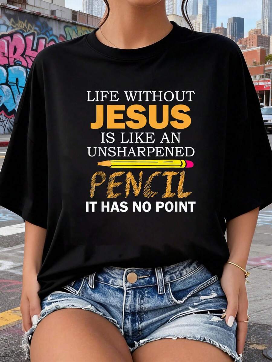 Camiseta de Fe Religiosa Cristiana Divertida Vida Sin Jesús 2026 nuevas camisetas impresas para mujeres, estilos populares, camisetas de primavera para mujeres, camisetas de invierno, camisetas de para mujeresás vendidas - Negro - Ver 1
